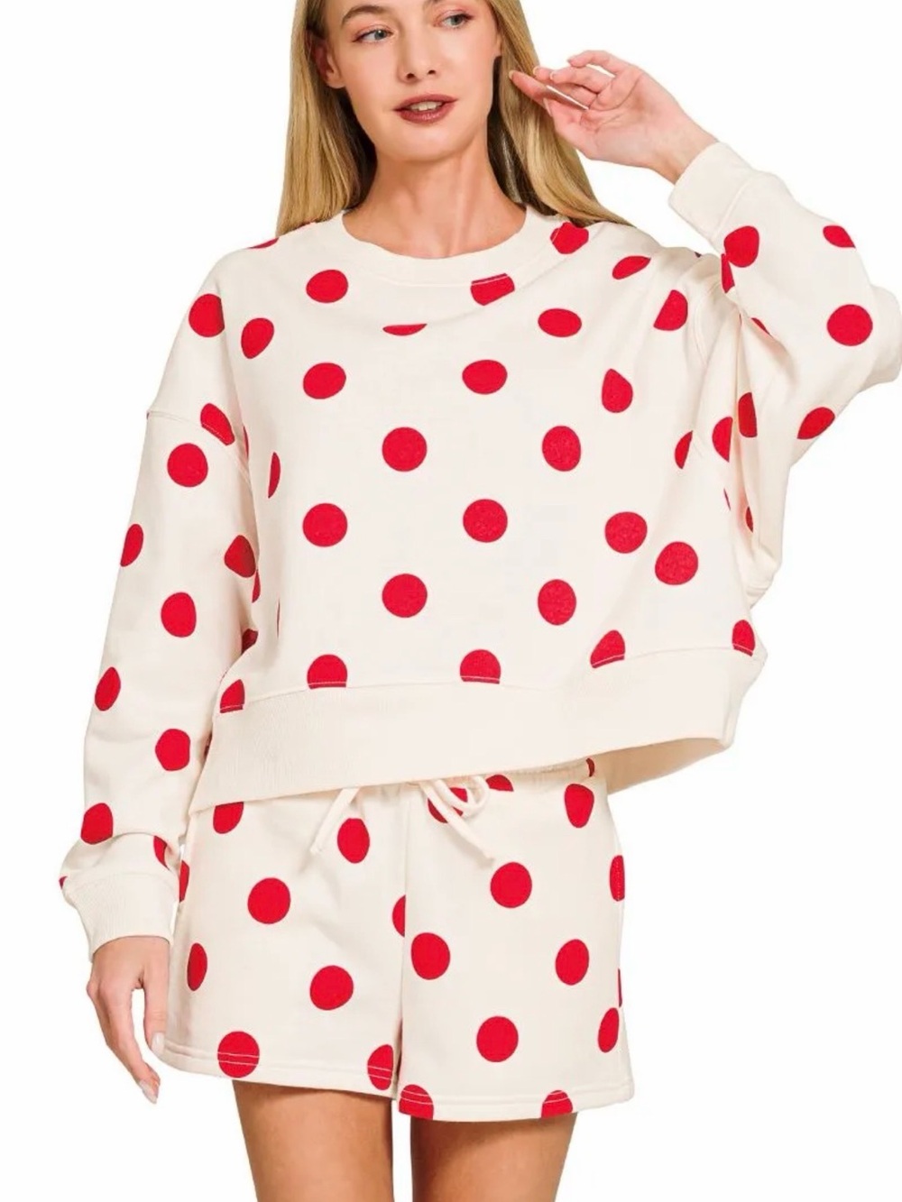 Zenana Outfitters Cream Crewneck Sweatshirt and shorts with Red Polka Dots